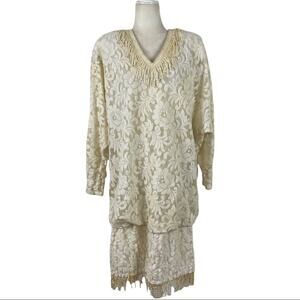 Vintage 80s Damianou Floral Lace Party Draped Dolman Sleeve Dress Medium